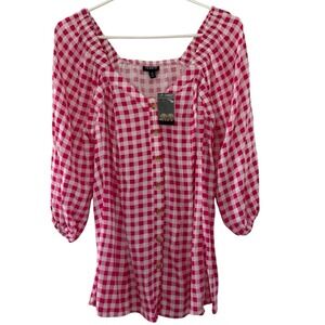 Torrid Womens Pink & White Plaid Shirt Gingham 3/4 Sleeve Faux Button Up Size 00